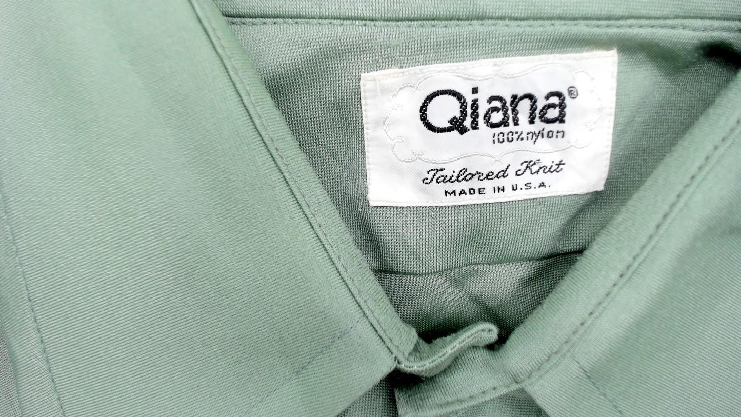 70s Qiana Sage Green Button-Up Shirt Pointed Collar Long Sleeve Large