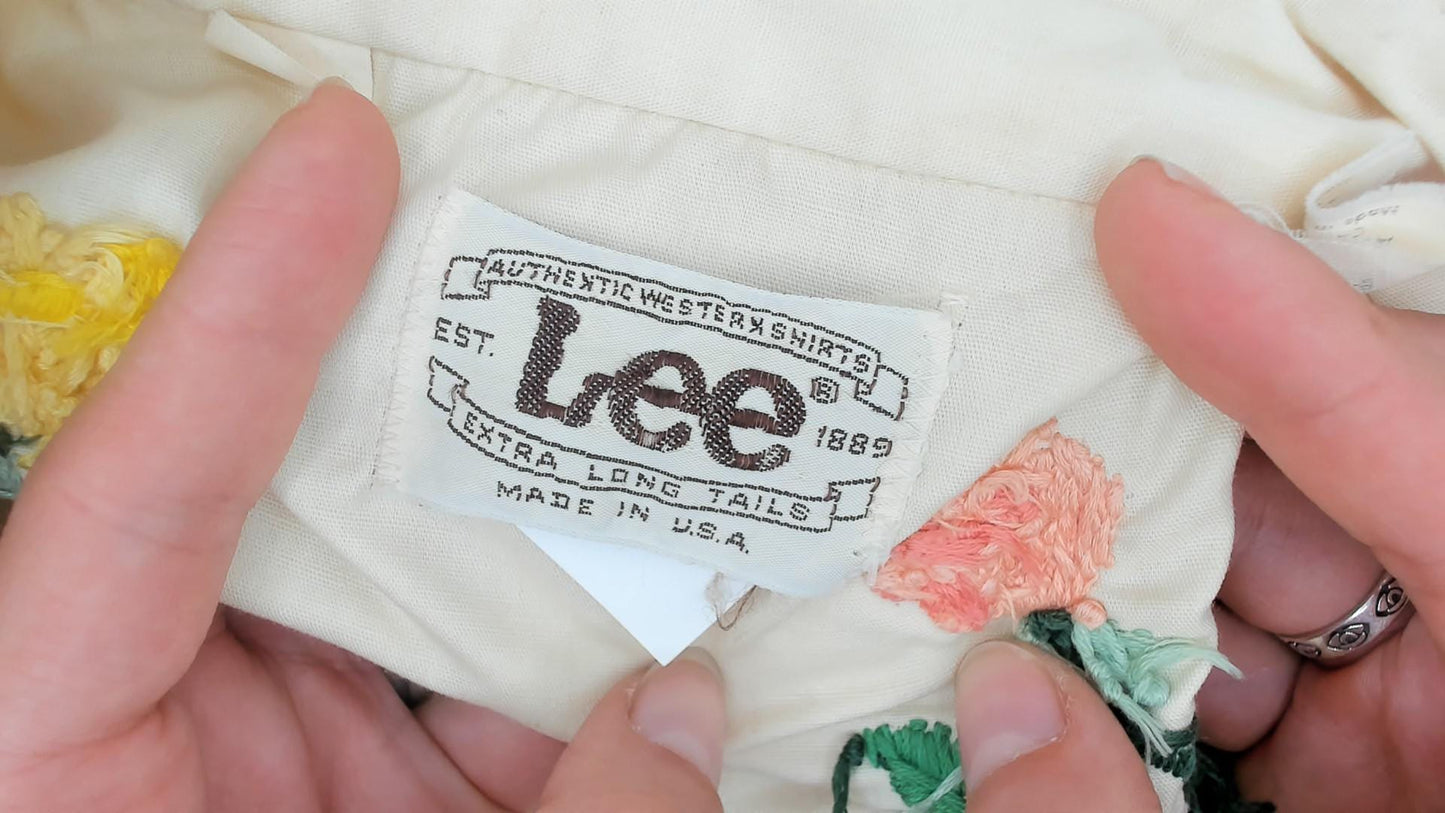 70s Lee Western Shirt Cream Floral Embroidered Pearl Snap Unisex Large