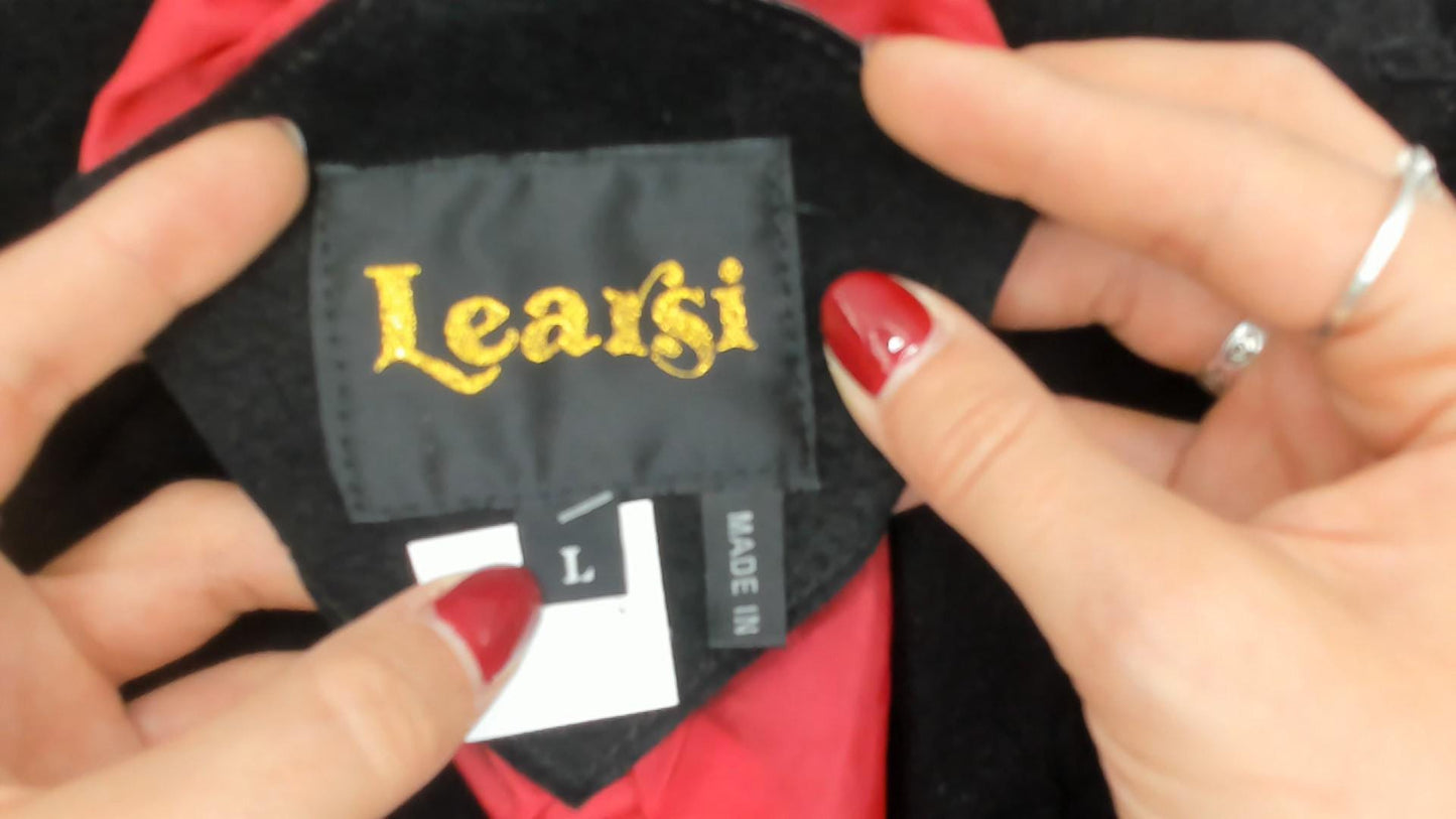 90s Learsi Black Leather Western Jacket Fringe Red Star Motif Large L