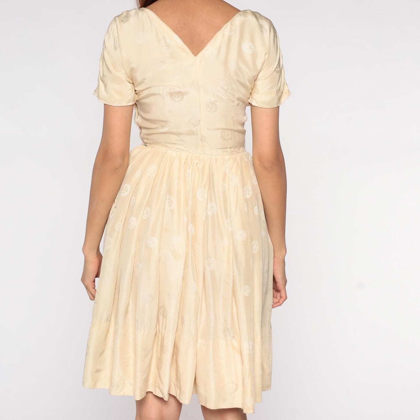 60s Cream Embroidered Floral Dress Short Sleeve Fit Flare Midi Extra Small XS