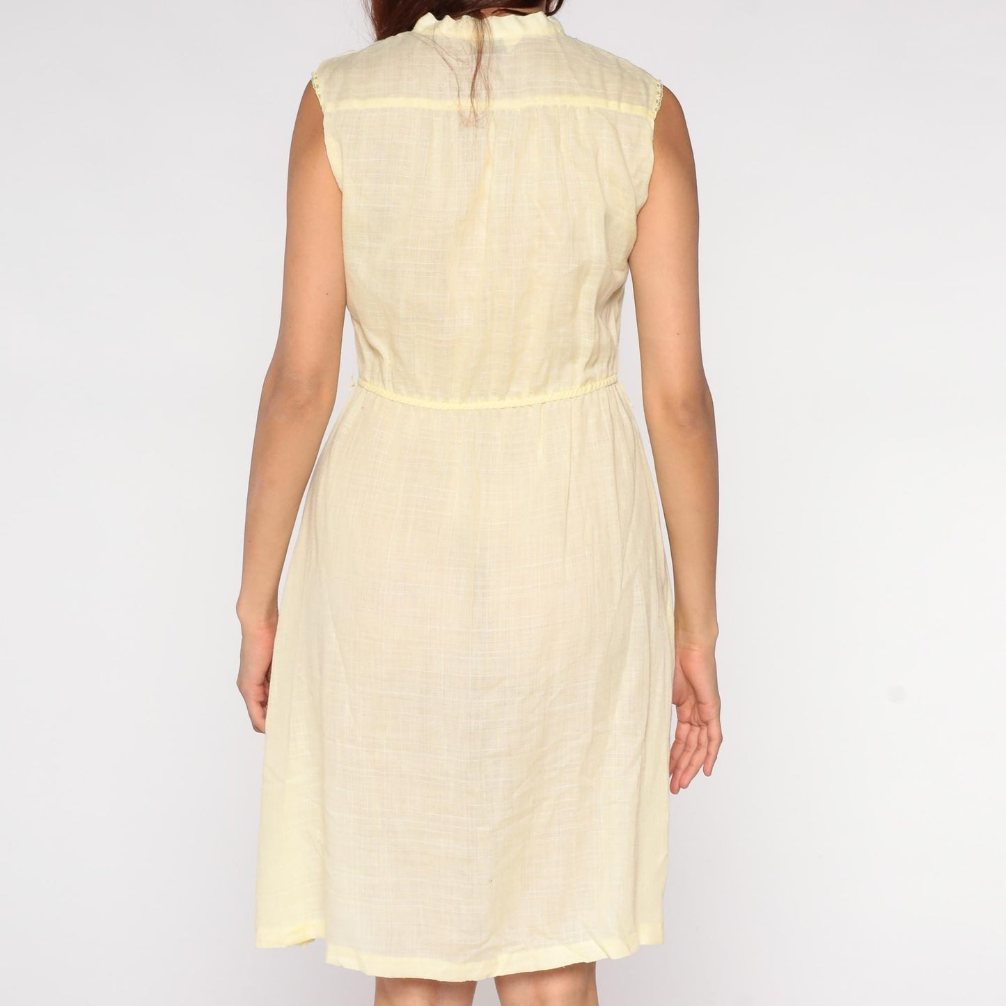 70s Sears Yellow Sleeveless Shirt Dress Floral Embroidery Small S