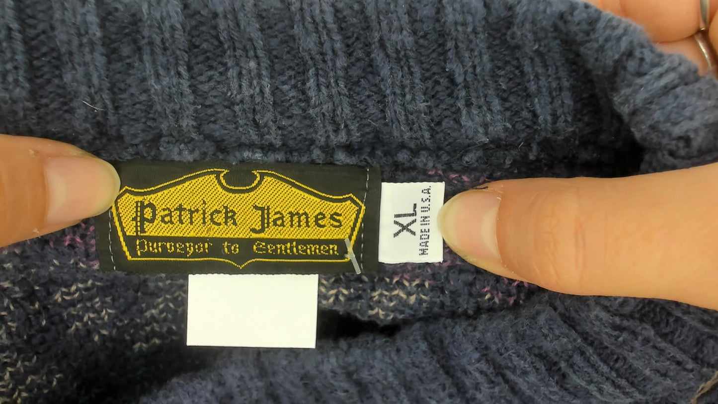 90s Patrick James Geometric Diamond Sweater Navy Teal Purple Cotton XL
