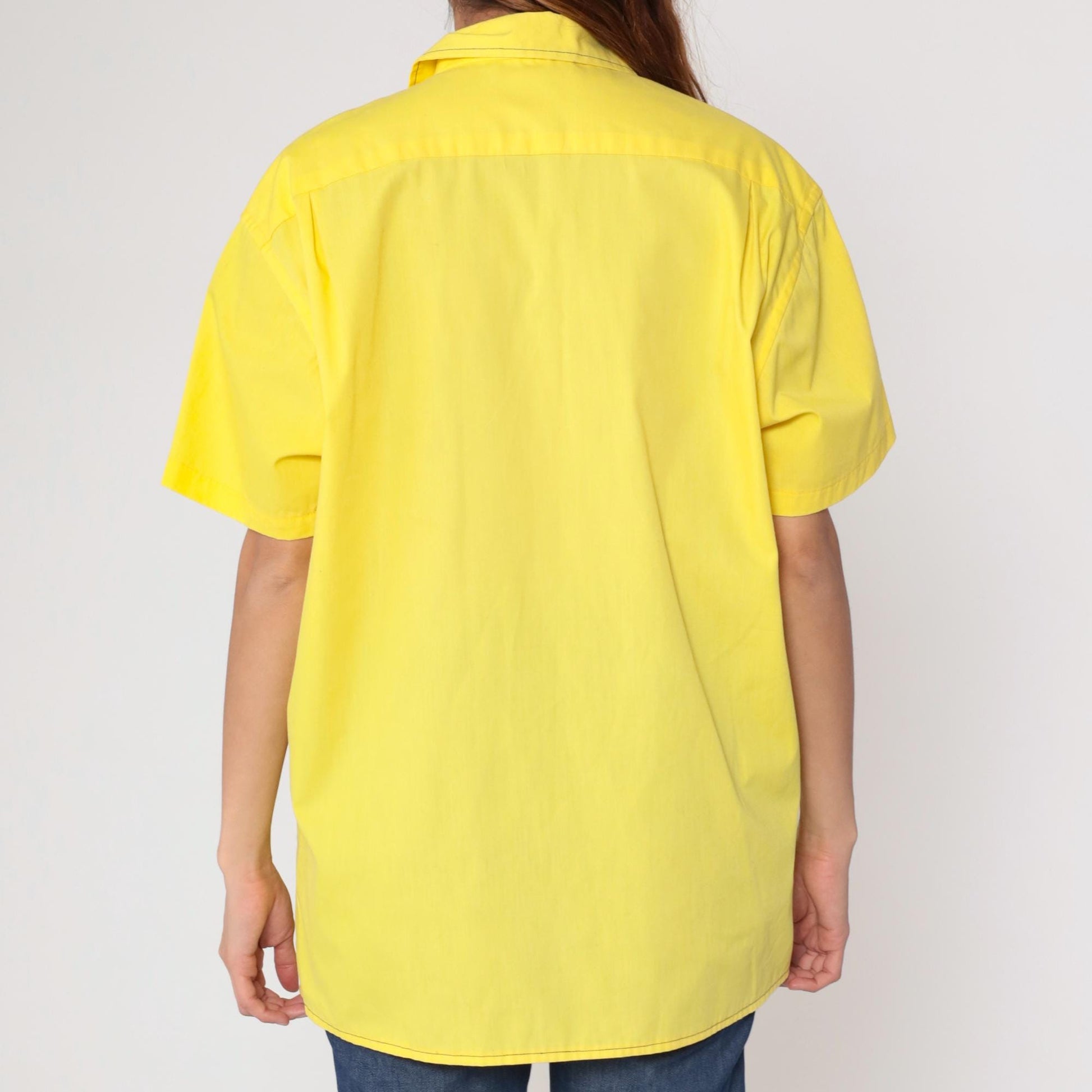 70s Yellow Zip-Front Work Shirt Cotton Blend Utility Pockets Extra Large XL