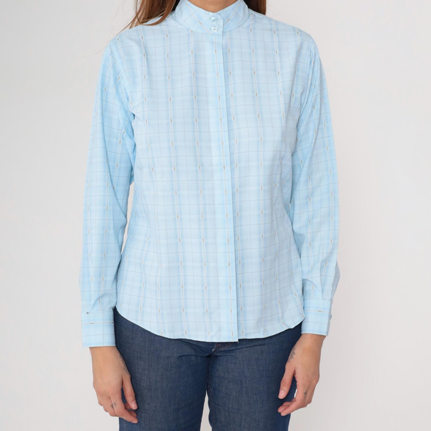 80s Royal Highness Powder Blue Mandarin Collar Blouse Windowpane Check Large