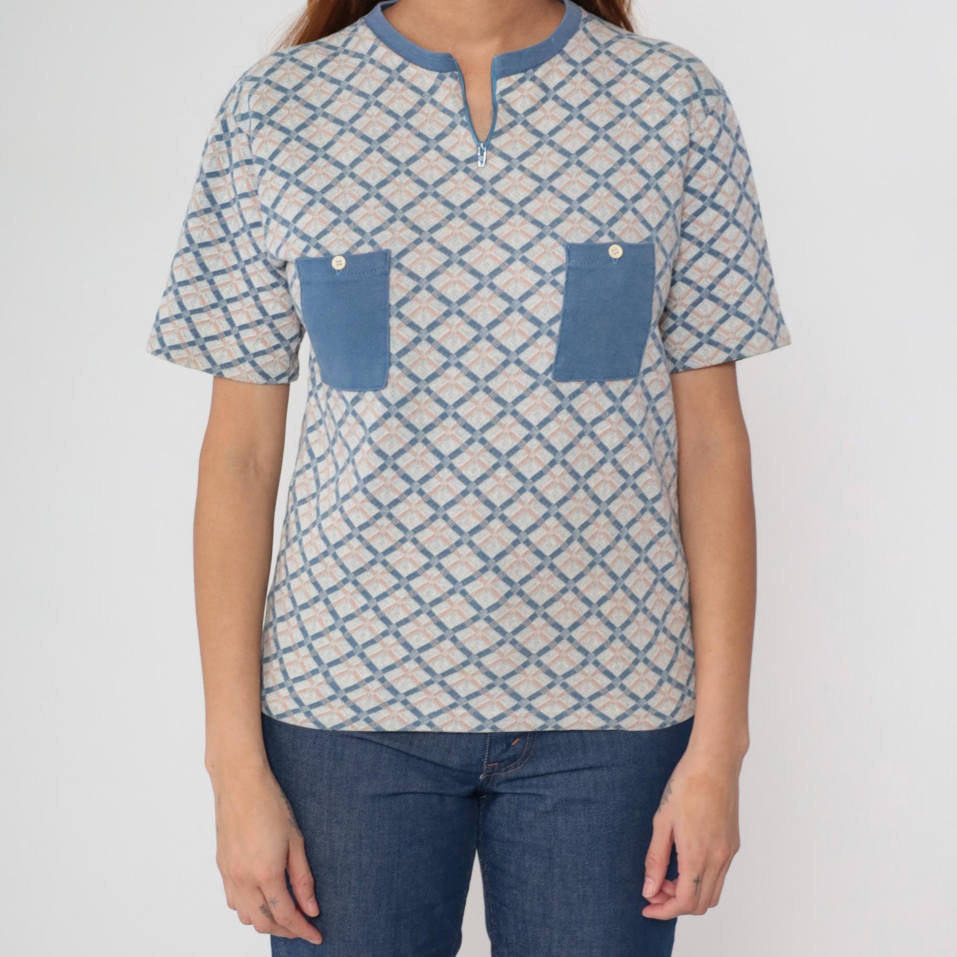 70s Mr. Alfred Diamond Knit Henley Pullover Blue Peach Cream Medium