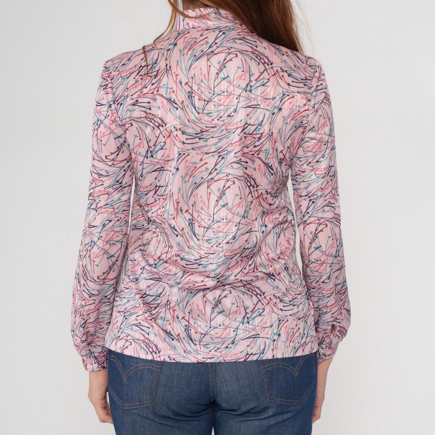 70s Devon Abstract Brushstroke Blouse Pink Navy Mandarin Collar Medium M