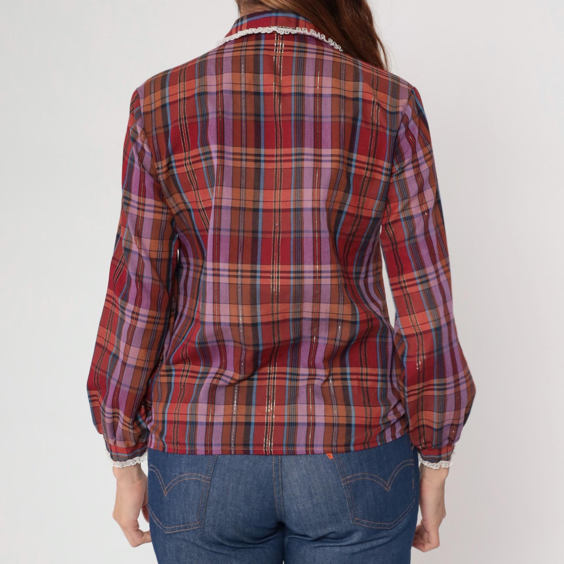 70s Burgundy Plaid Blouse Lace Collar Long Sleeve Prairie Shirt Medium