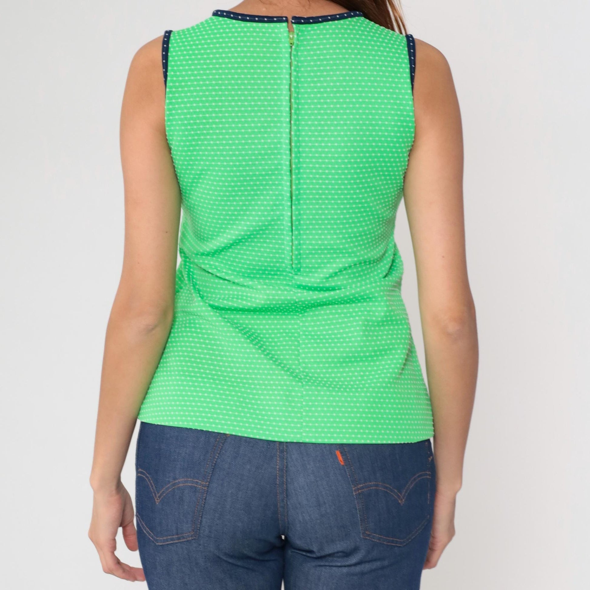 70s Green Butterfly Sleeveless Tank Top Polka Dot Knit Navy Trim Extra Small XS
