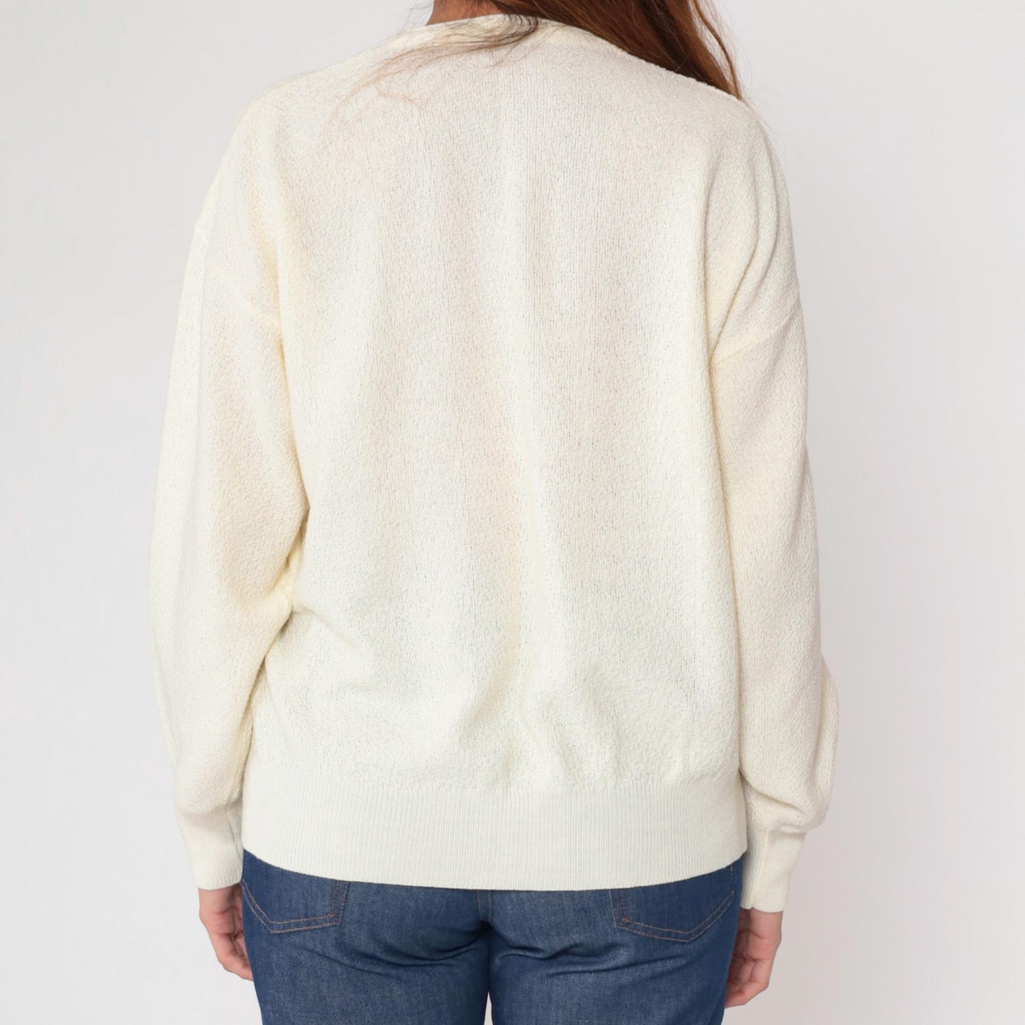 70s Cream Cardigan Button Front V Neck Long Sleeve Knit Medium Large
