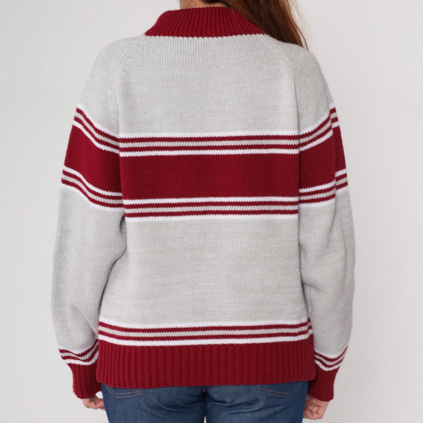 70s Craig Noble Mock Neck Sweater Red Grey Stripe Knit Medium