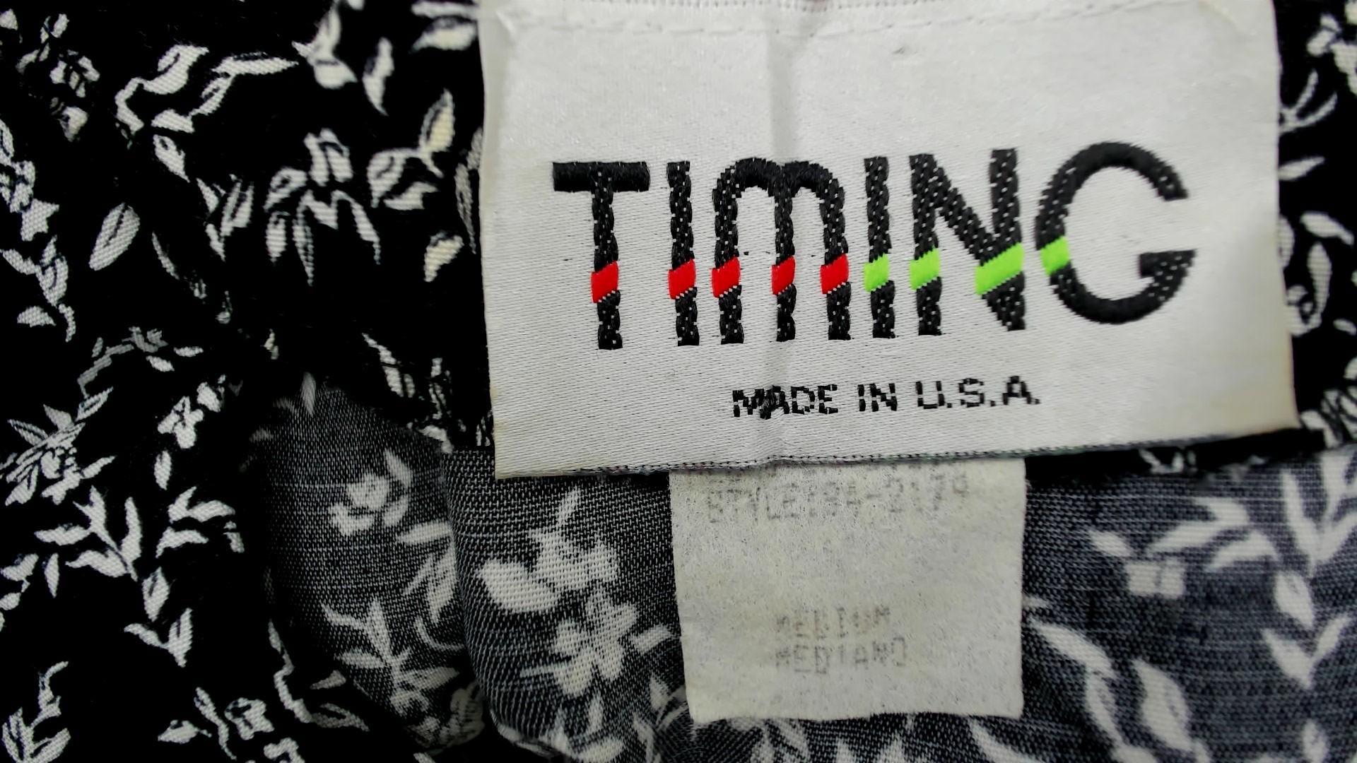 90s Timing Black Floral Dress White Contrast Sleeves Pearl Buttons Knee Length Medium M