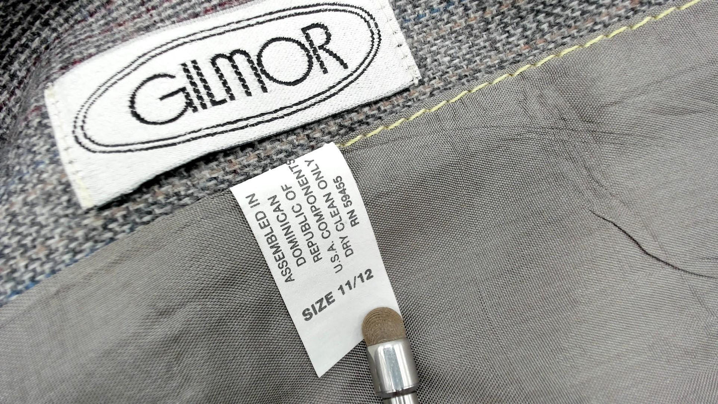 80s Gilmor Grey Plaid Collarless Wool Blazer Cropped Fitted Medium M