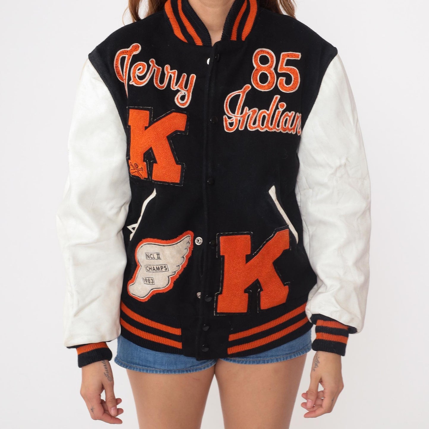 80s Terry Indians Varsity Letterman Jacket Wool Leather Small