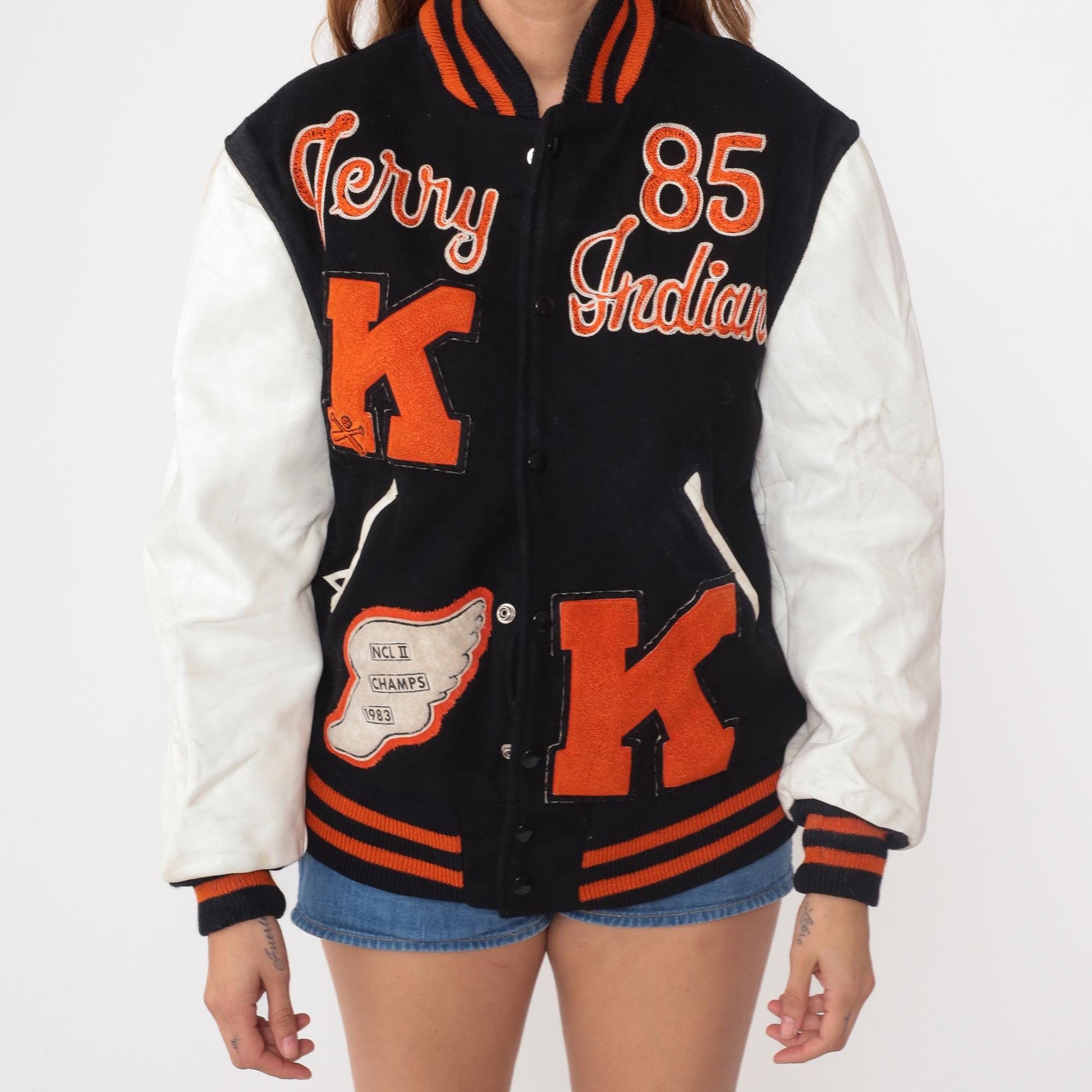 80s Terry Indians Varsity Letterman Jacket Wool Leather Small
