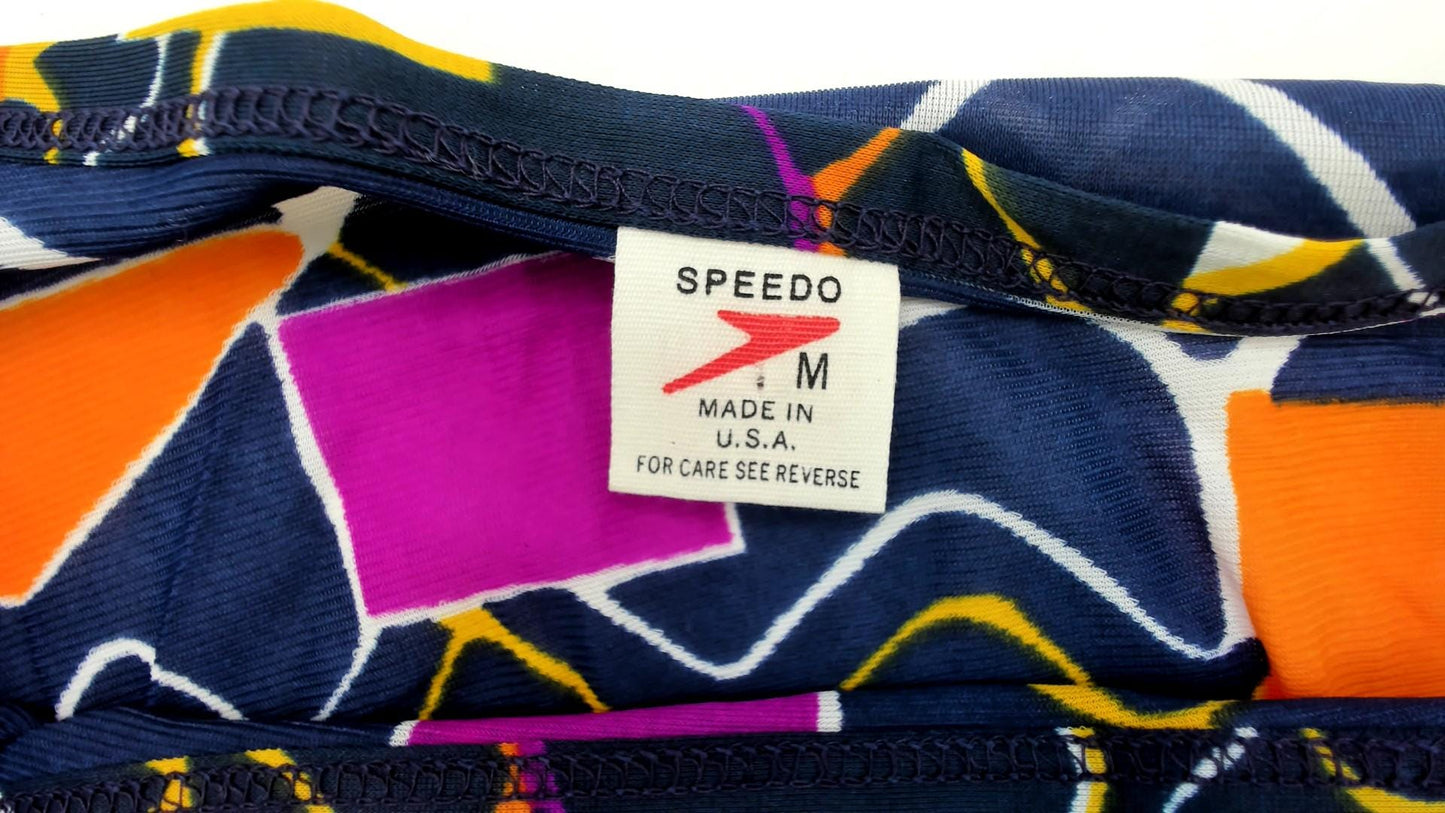 80s Speedo Geometric Top Navy Blue Pink Yellow Abstract Scoop Neck Small