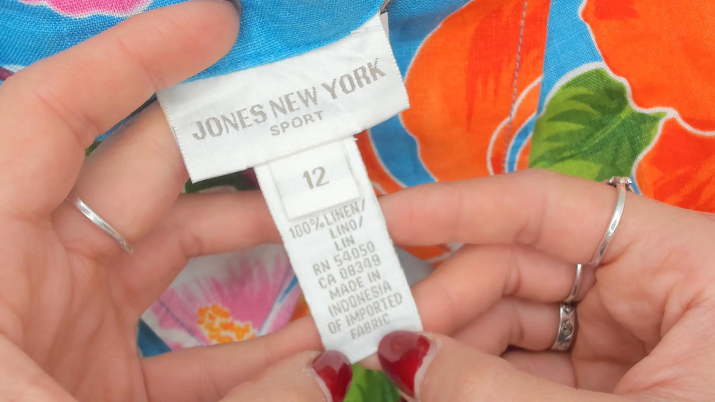 Y2K Jones New York Sport Hawaiian Shirt Linen Blue Hibiscus Floral Medium