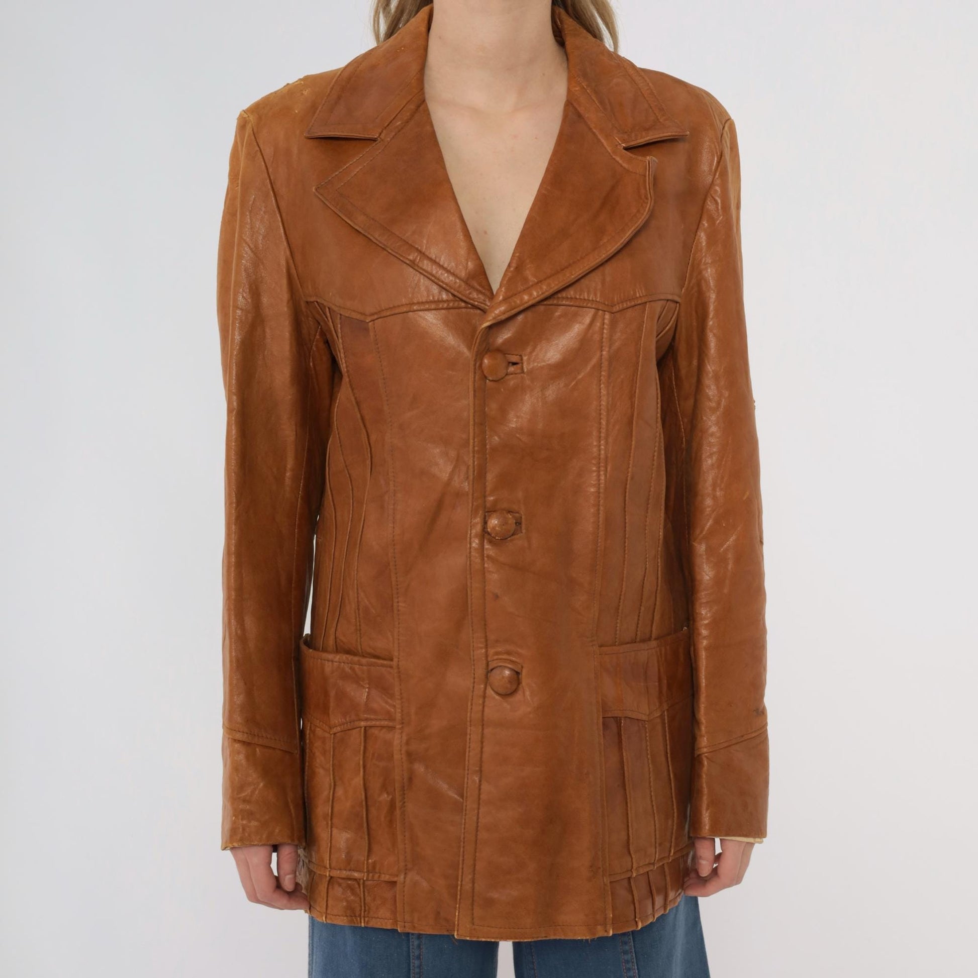 70s Roberts Fine Leather Brown Blazer Button Front Distressed Medium