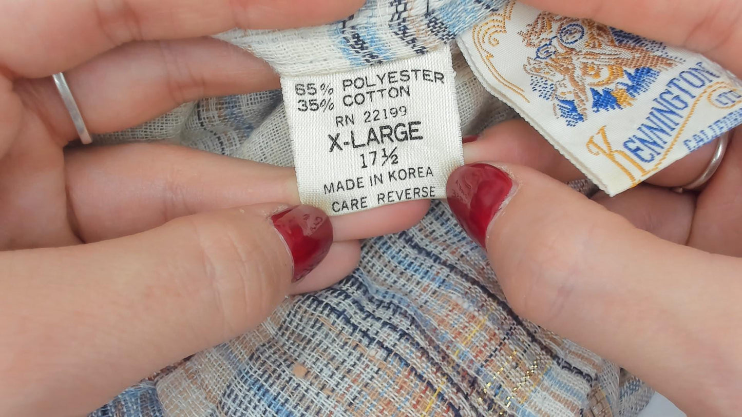70s Kennington Western Shirt Pearl Snap Plaid Blue Peach Cotton Extra Large XL