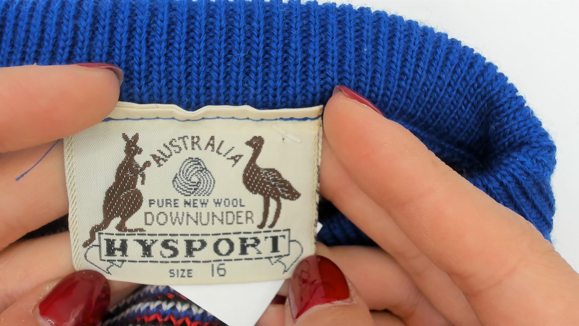 80s Hysport Australian Wool Sweater Kangaroo Geometric Colorblock Royal Blue Medium