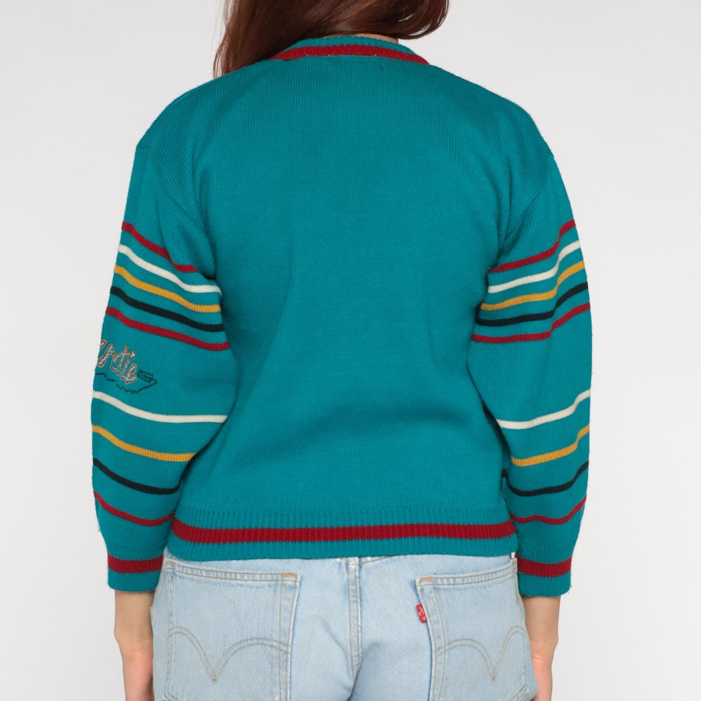 90s Teal Striped Crewneck Sweater Expedition Antarctic Embroidered XS