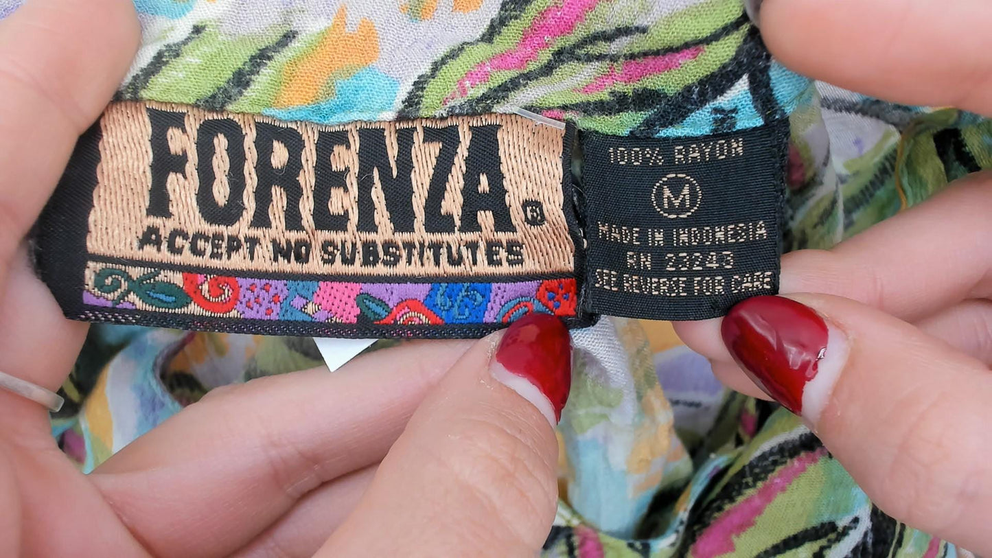 90s Forenza Tropical Leaf Print Button-Up Blouse Short Sleeve Medium M