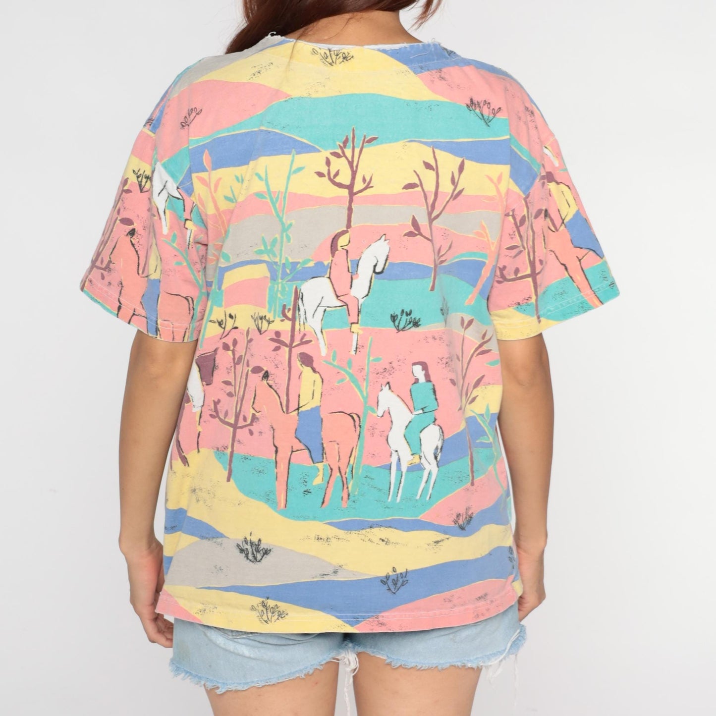 90s Pastel Horse Landscape Graphic V-Neck Tee Cotton Pink Blue Medium