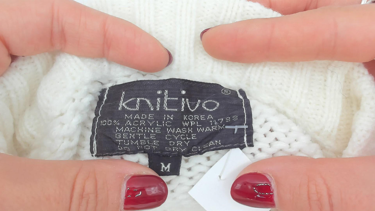 70s Knitivo Cable Knit Cardigan Cream Wood Buttons Pockets Medium M