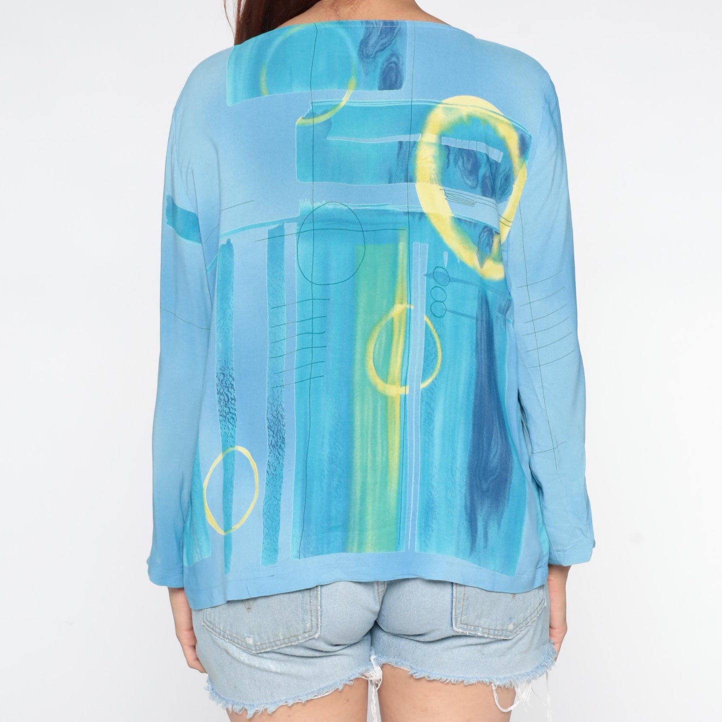 90s Nino Wong Geometric Watercolor Button Blouse Blue Rayon Medium M