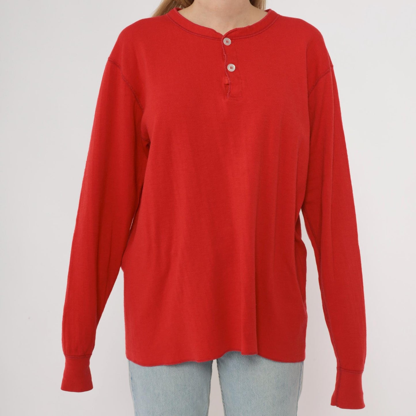 80s LL Bean Red Henley Shirt Cotton Blend Long Sleeve Medium