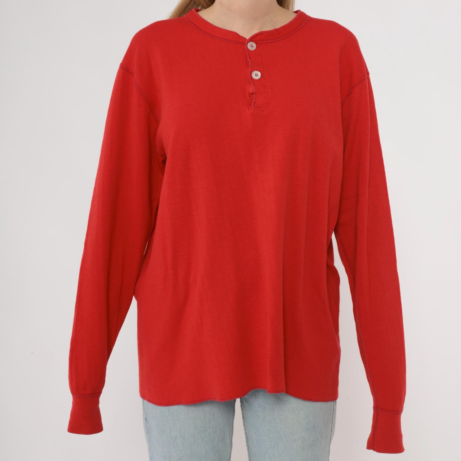 80s LL Bean Red Henley Shirt Cotton Blend Long Sleeve Medium