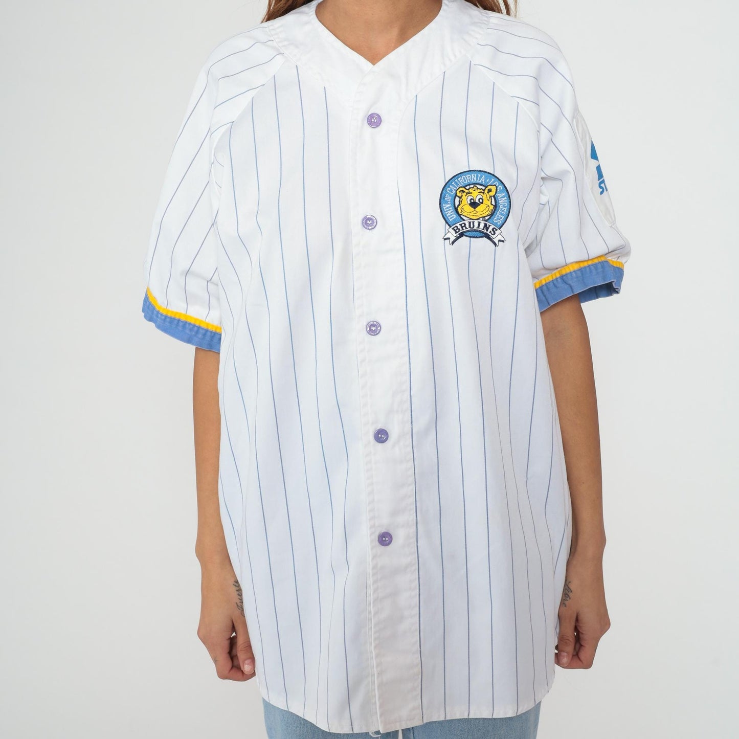 90s UCLA Bruins Baseball Jersey Starter White Pinstripe Button Front Extra Large XL