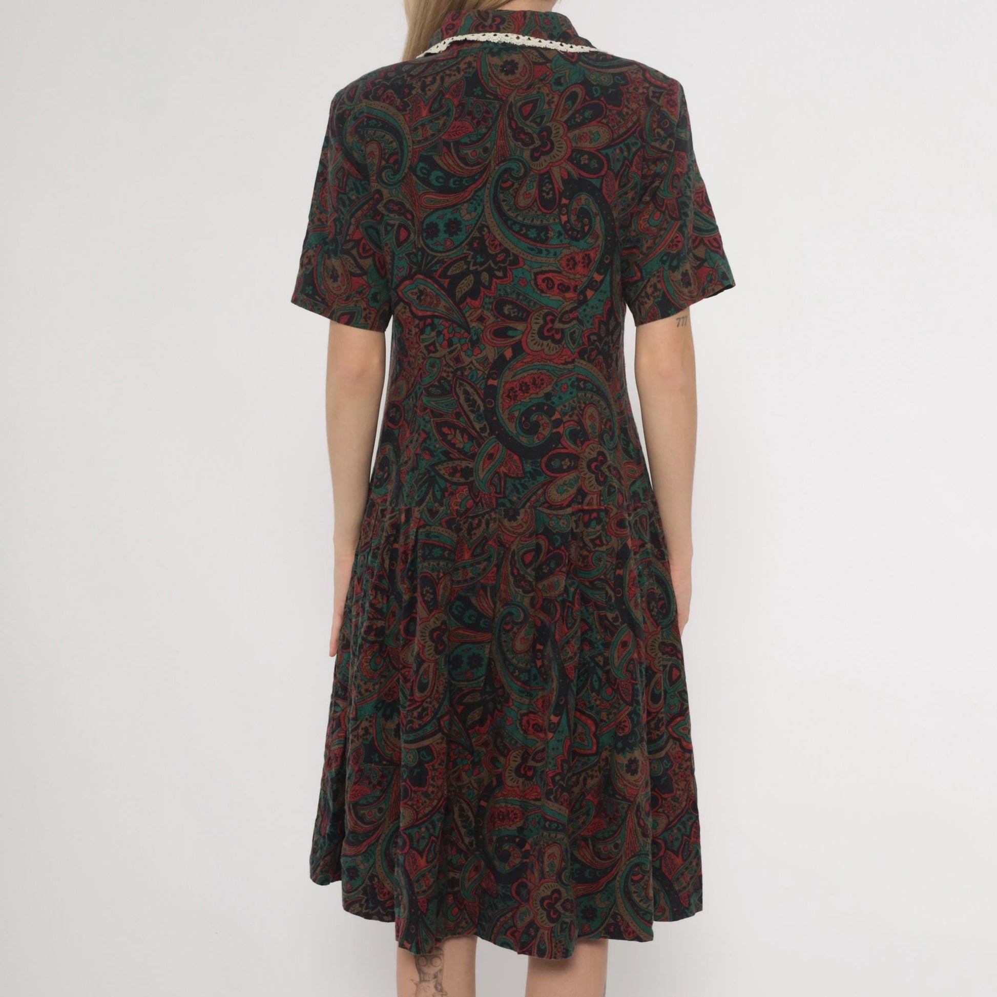 70s Paisley Dress Burgundy Green Brown Crochet Collar Knee Length Medium