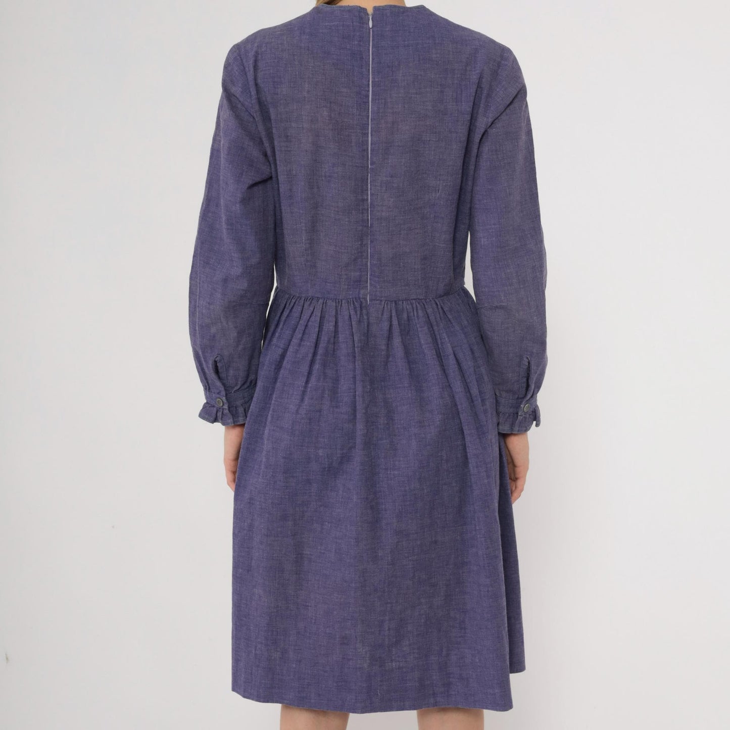 60s Purple Midi Dress Long Sleeve Gathered Waist A-Line Crew Neck Medium M