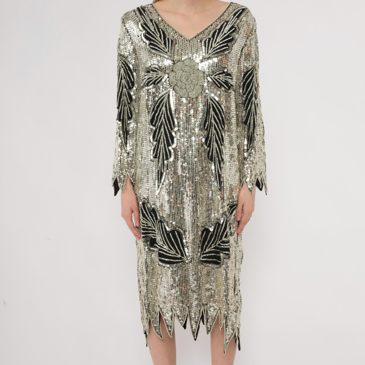 90s Silver Sequin Midi Dress Art Deco Leaf Pattern Silk V-Neck Long Sleeve Medium M