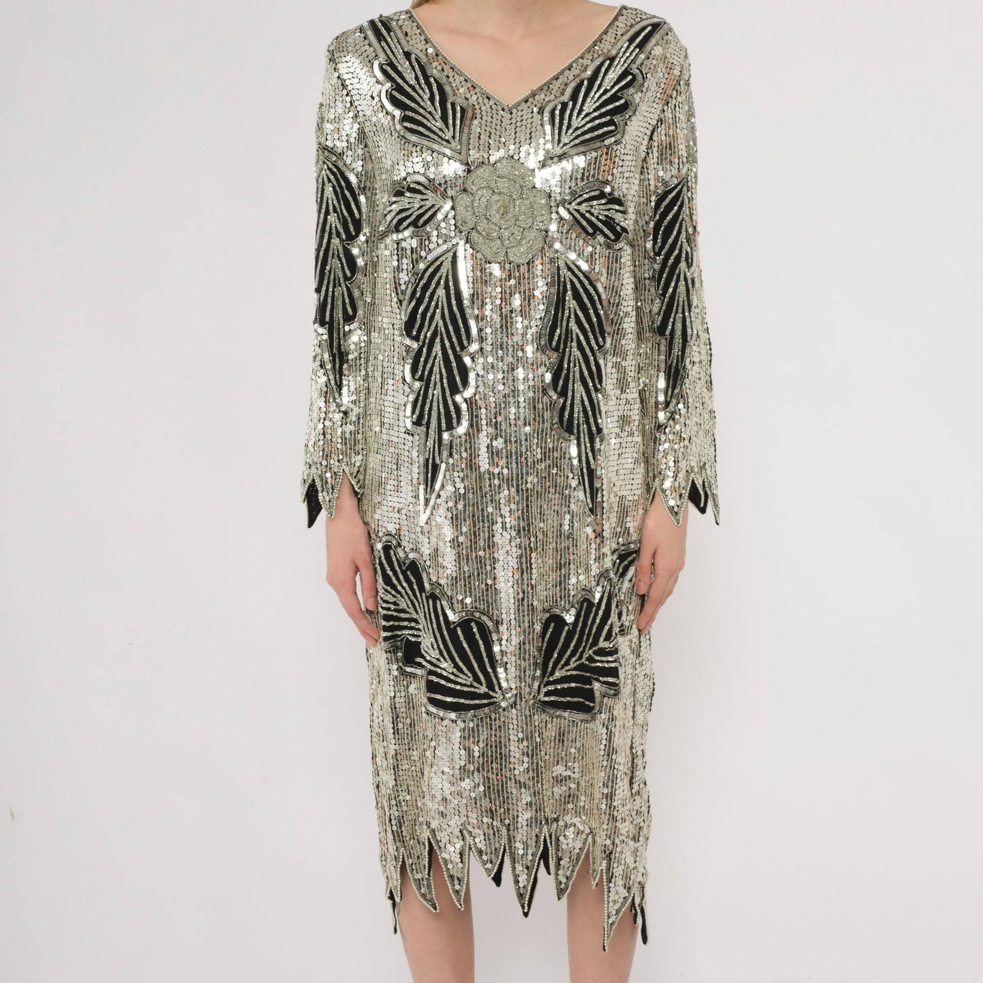 90s Silver Sequin Midi Dress Art Deco Leaf Pattern Silk V-Neck Long Sleeve Medium M