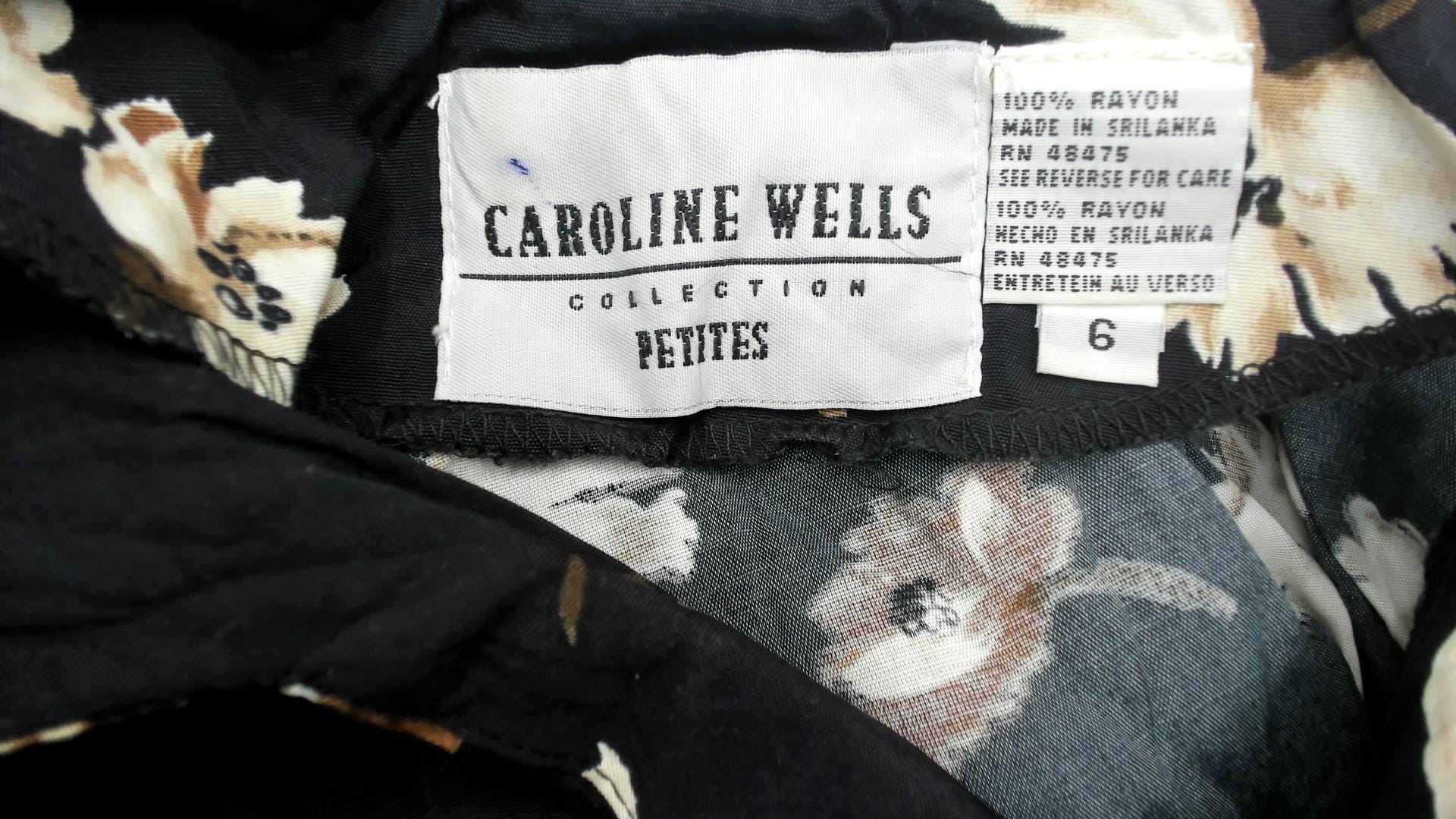 90s Caroline Wells Black Floral Midi Dress Pearl Buttons Lace-Up Back Medium