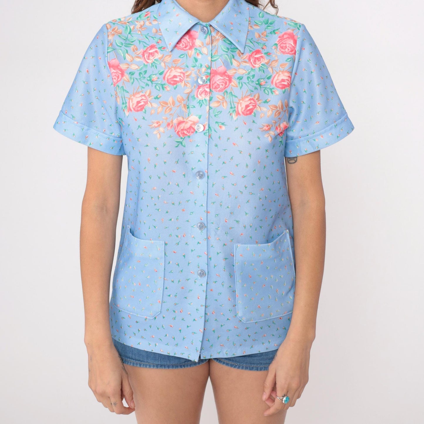 70s Light Blue Floral Shirt Pink Roses Button Up Short Sleeve Medium