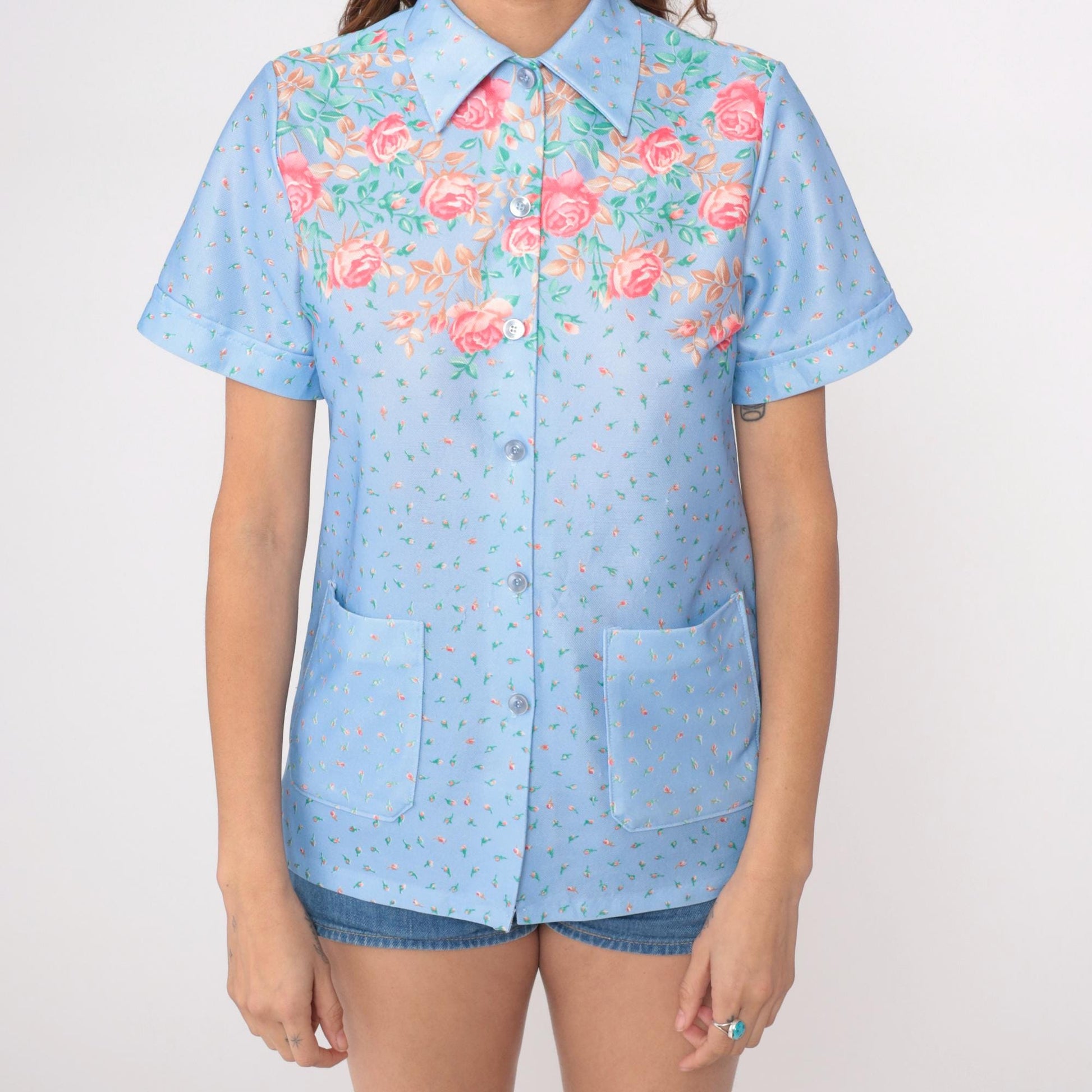 70s Light Blue Floral Shirt Pink Roses Button Up Short Sleeve Medium