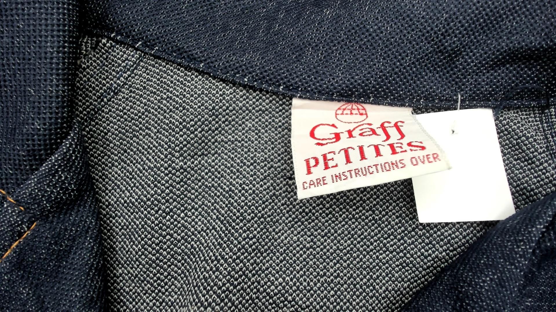 70s Graff Denim Blazer Dark Blue Wide Collar Gold Buttons Three Quarter Sleeve Medium