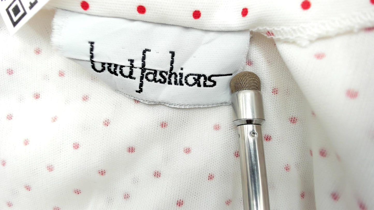 70s White Red Polka Dot Blouse Tie Front Puff Sleeve Large L