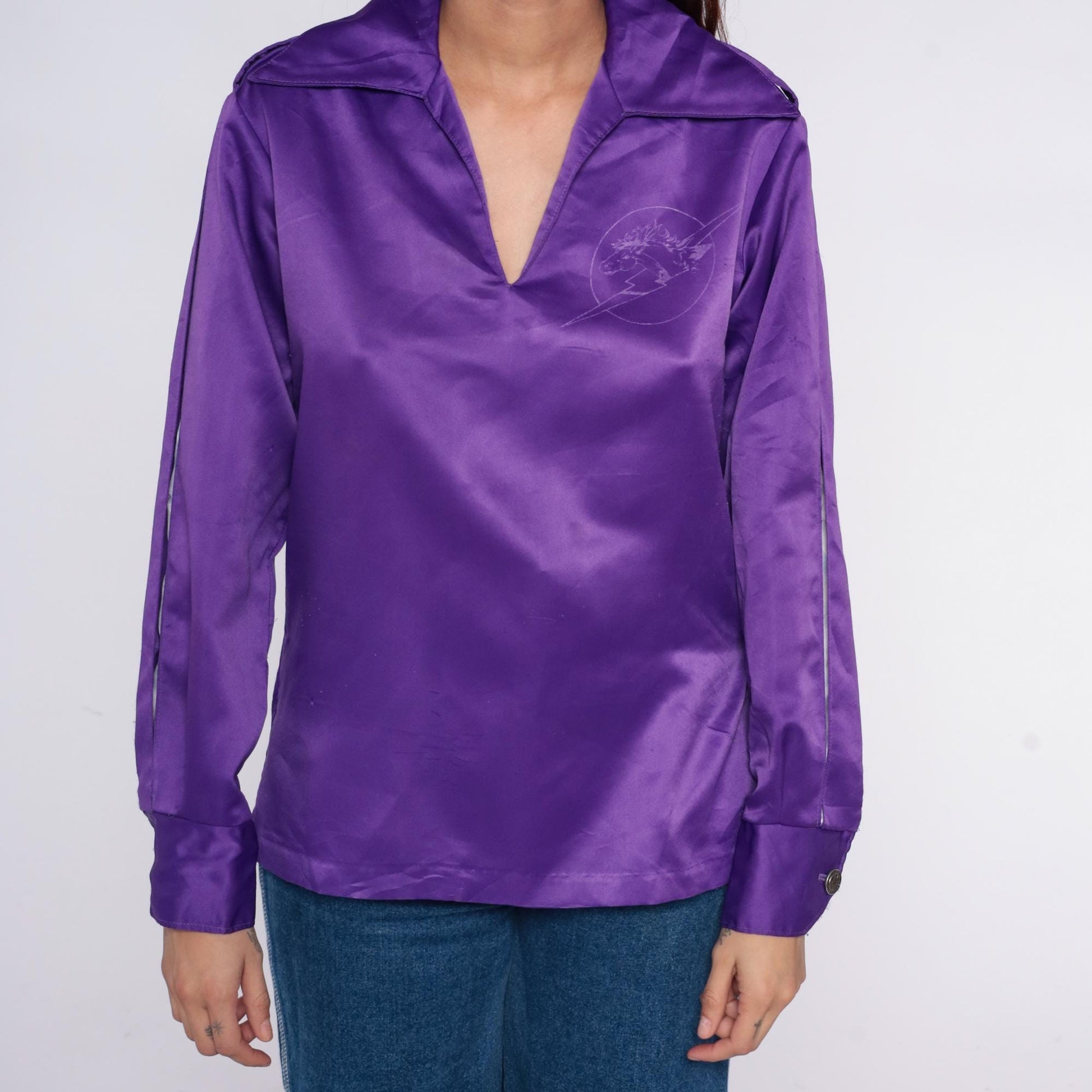 70s Daels Hawaii Purple Satin Polo Shirt Mustang Lightning Embroidered Small