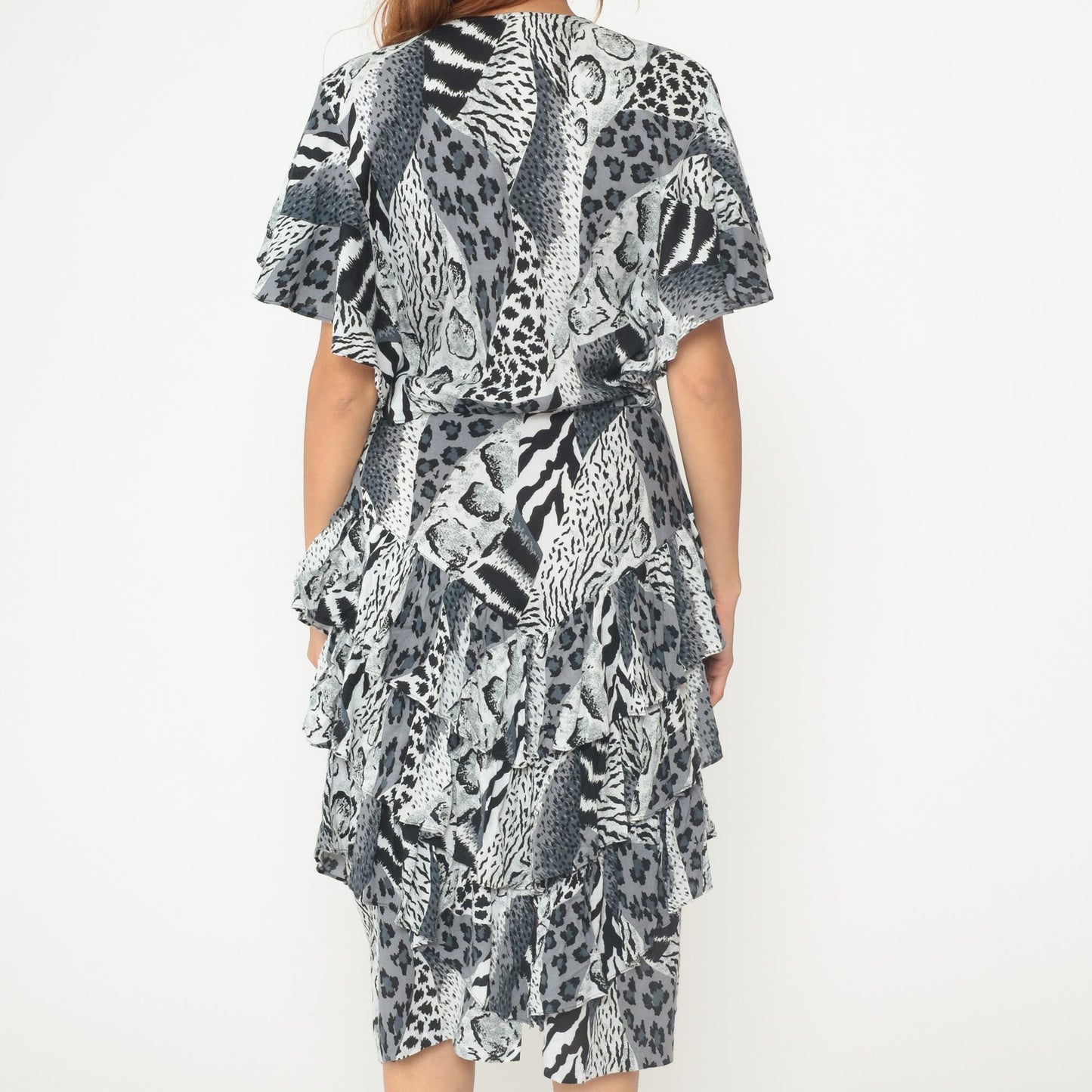 90s Animal Print Midi Dress Black White Leopard Zebra Button Front Flutter Sleeve Medium M