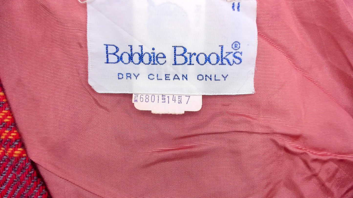 70s Bobbie Brooks Plaid Wool Vest Red Grey Gold V-Neck Extra Small XS