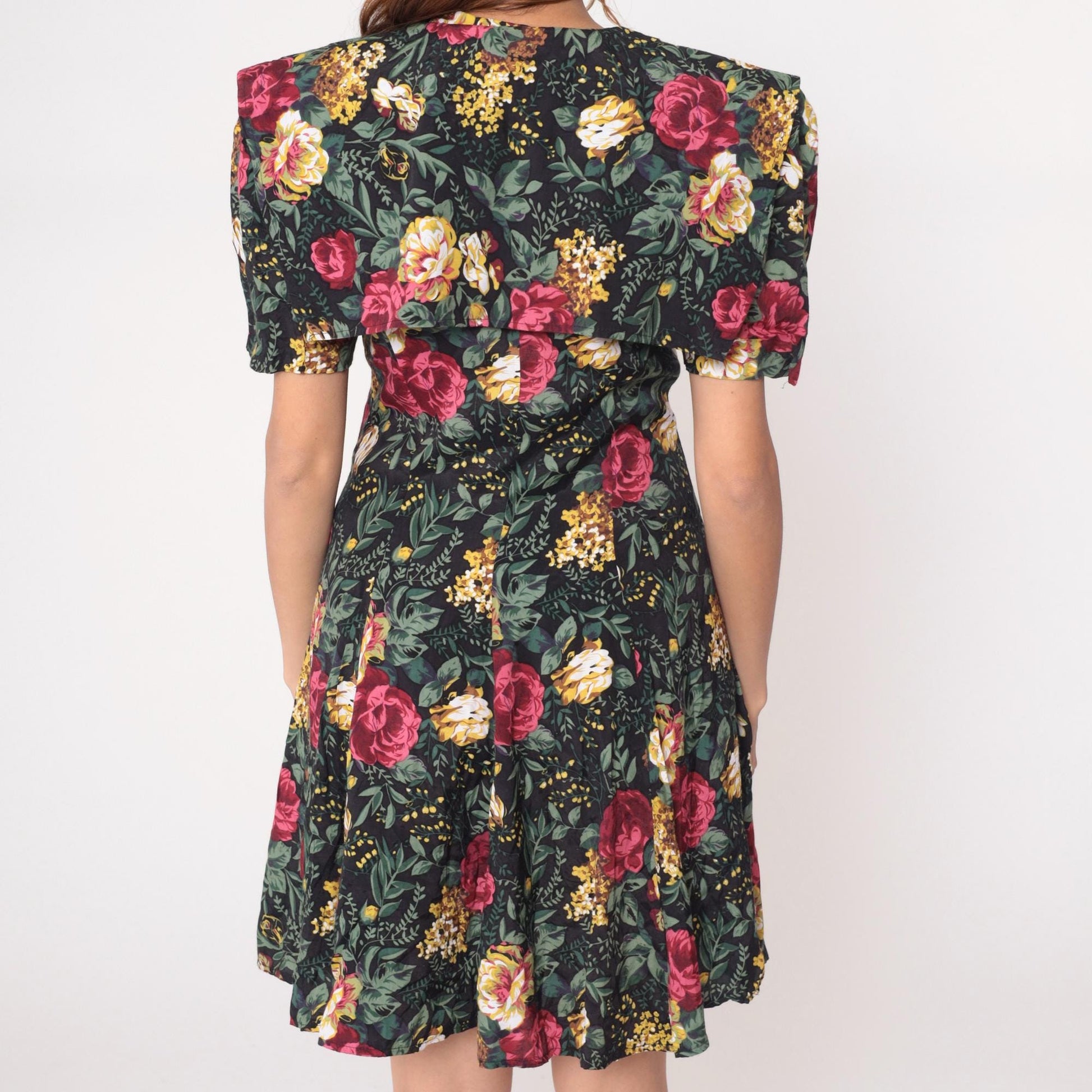 90s All That Jazz Floral Mini Dress Black Button Front V Neck Puff Sleeve Large