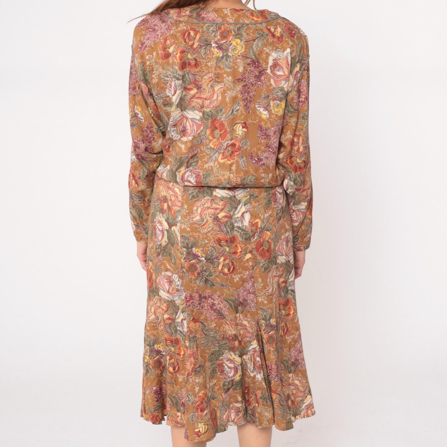 90s Carole Little Floral Midi Dress Long Sleeve Blouson Waist Brown Medium