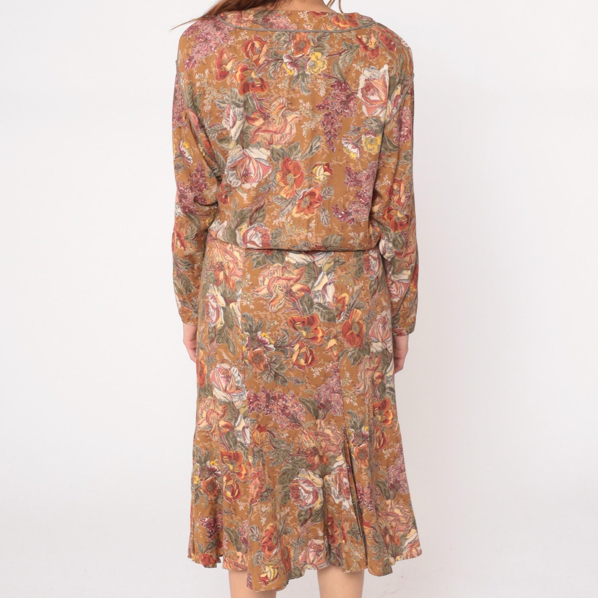 90s Carole Little Floral Midi Dress Long Sleeve Blouson Waist Brown Medium