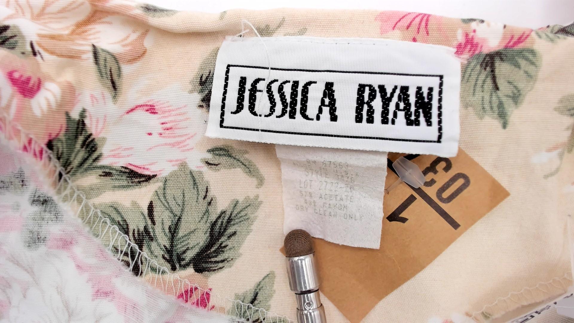 90s Jessica Ryan Floral Midi Dress Pink Rose Print Cream Flutter Sleeve Large