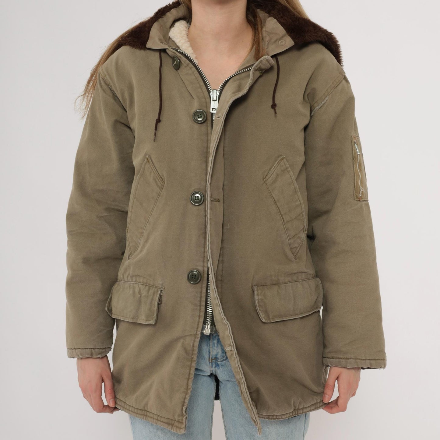 WWII B-9 Parka 1943-1945 Olive Military Cotton Sherpa Lined Hooded Jacket Medium