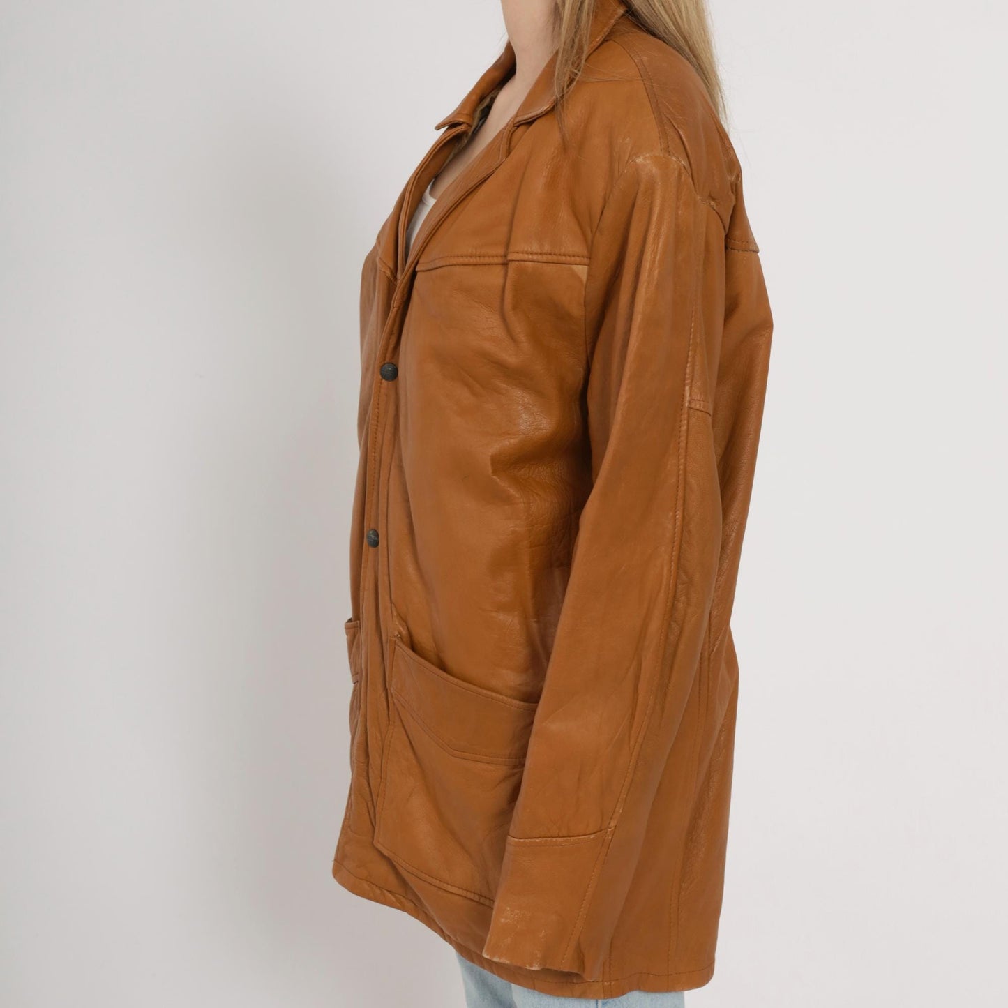 80s Camel Leather Blazer Button Front Patch Pockets Long Sleeve Large L