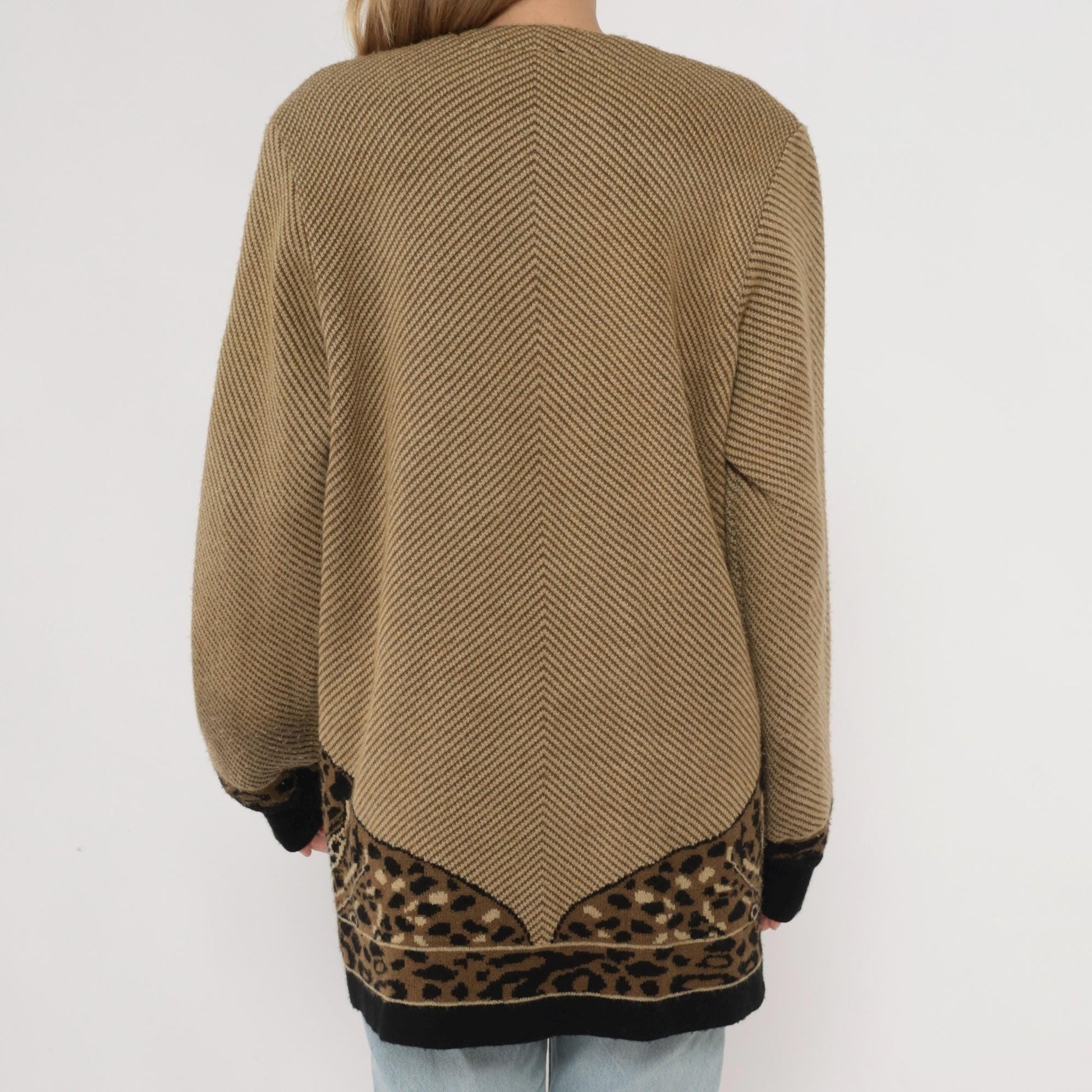 80s Romaye Leopard Cardigan Tan Striped Wool Blend Small S